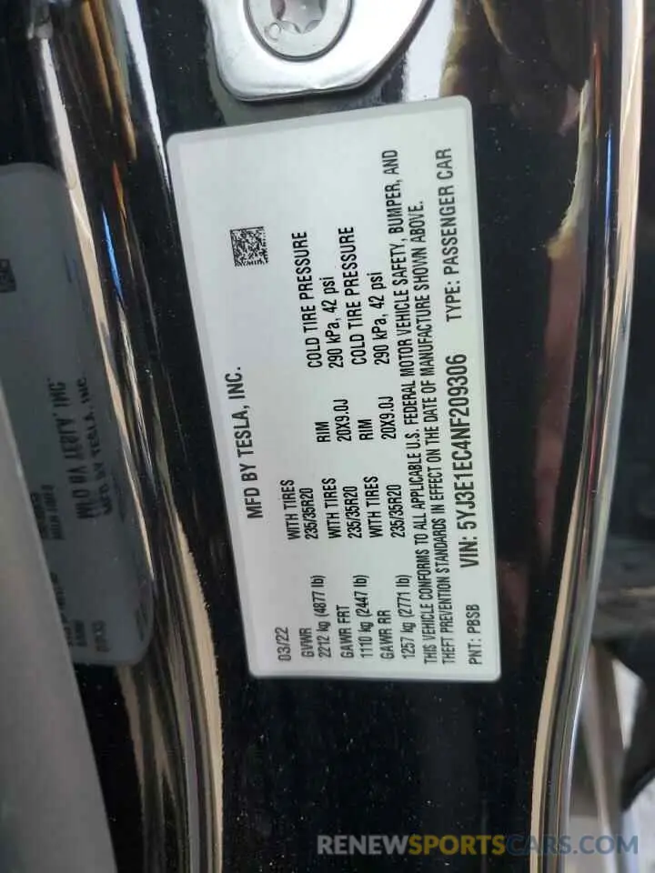 13 Photograph of a damaged car 5YJ3E1EC4NF209306 TESLA MODEL 3 2022