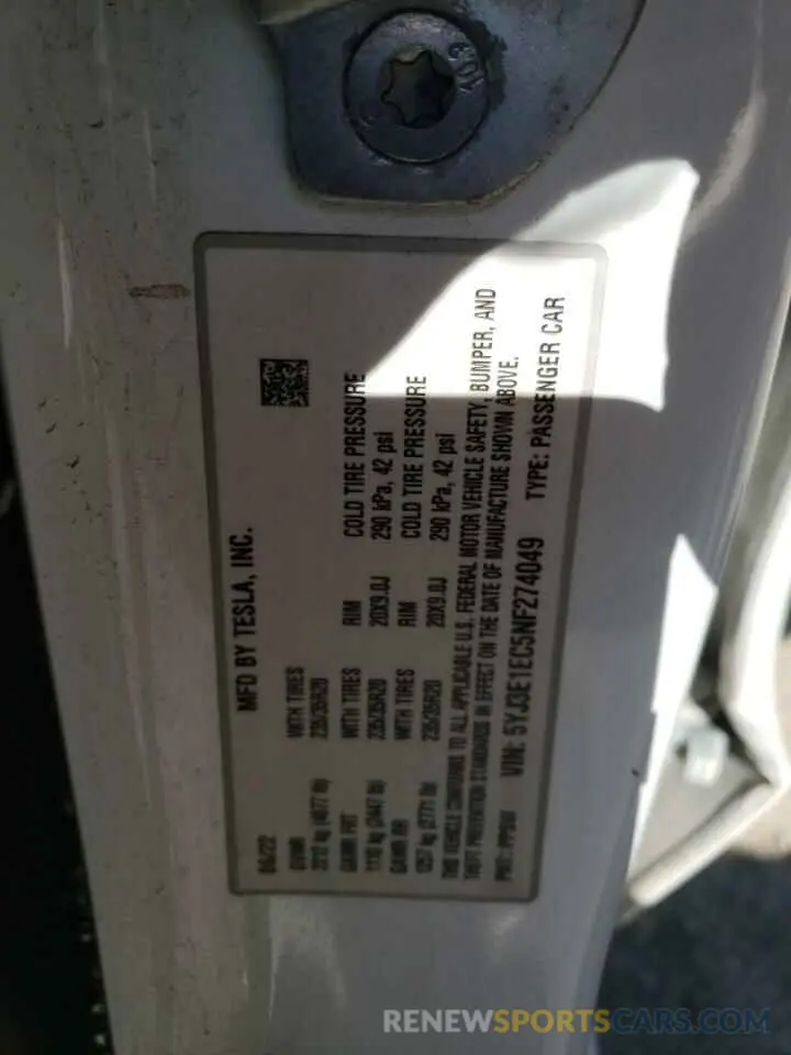 12 Photograph of a damaged car 5YJ3E1EC5NF274049 TESLA MODEL 3 2022
