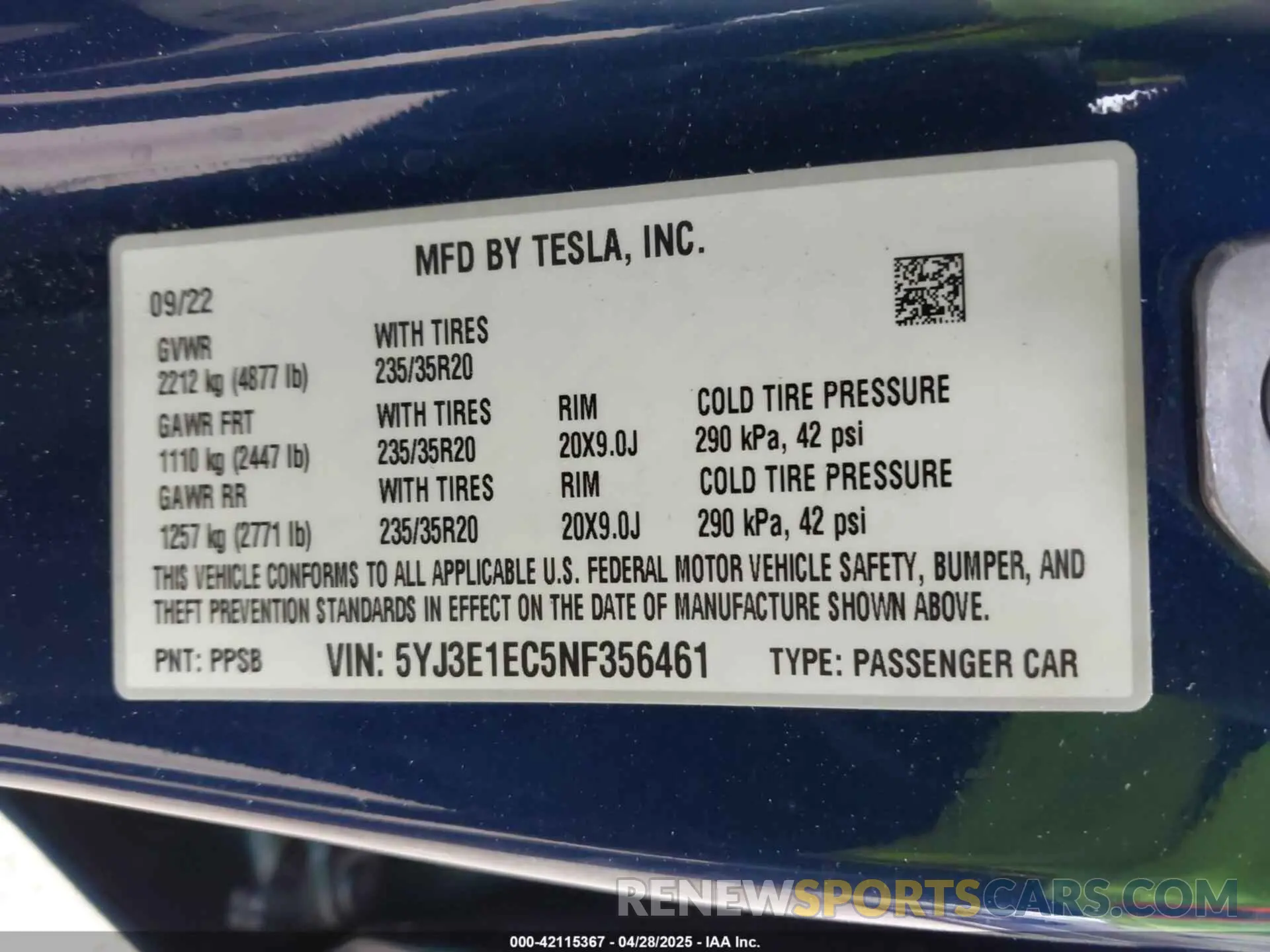 9 Photograph of a damaged car 5YJ3E1EC5NF356461 TESLA MODEL 3 2022