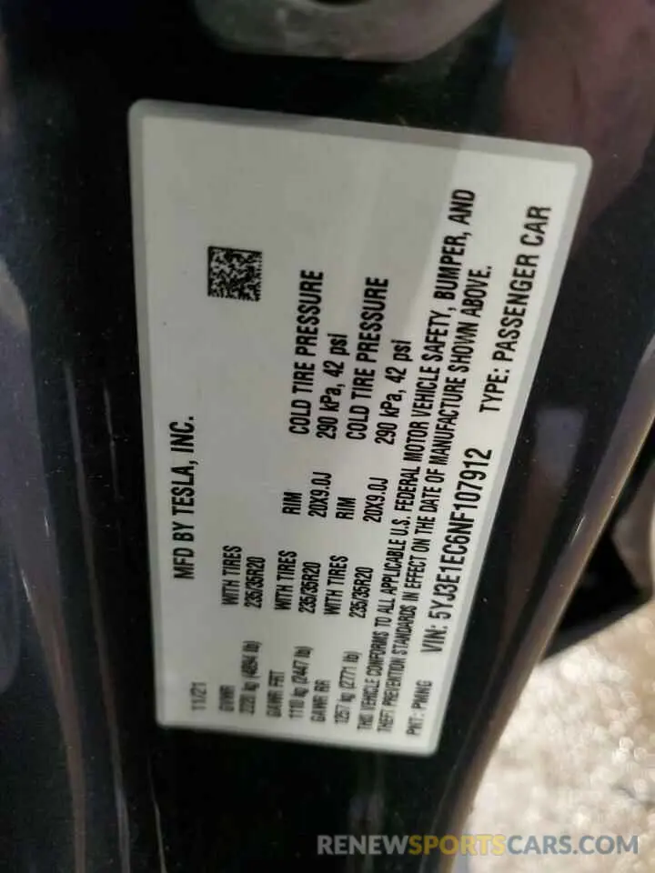 13 Photograph of a damaged car 5YJ3E1EC6NF107912 TESLA MODEL 3 2022
