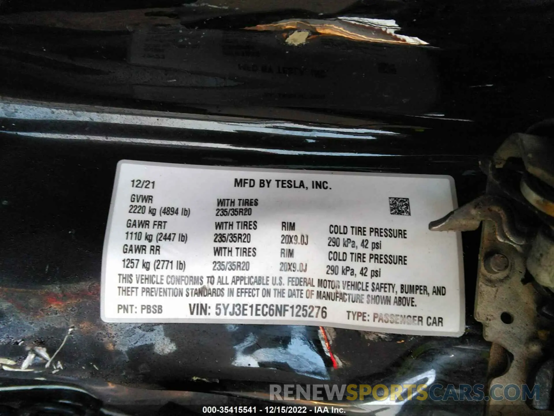 9 Photograph of a damaged car 5YJ3E1EC6NF125276 TESLA MODEL 3 2022