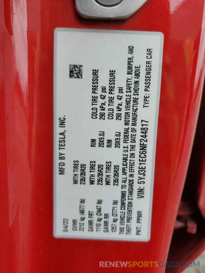 13 Photograph of a damaged car 5YJ3E1EC6NF244817 TESLA MODEL 3 2022