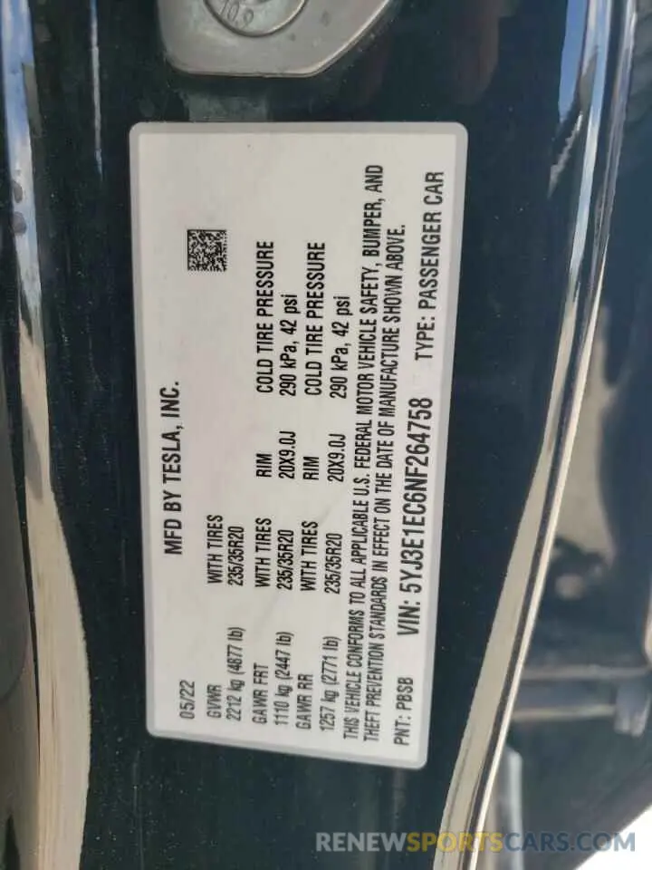 12 Photograph of a damaged car 5YJ3E1EC6NF264758 TESLA MODEL 3 2022