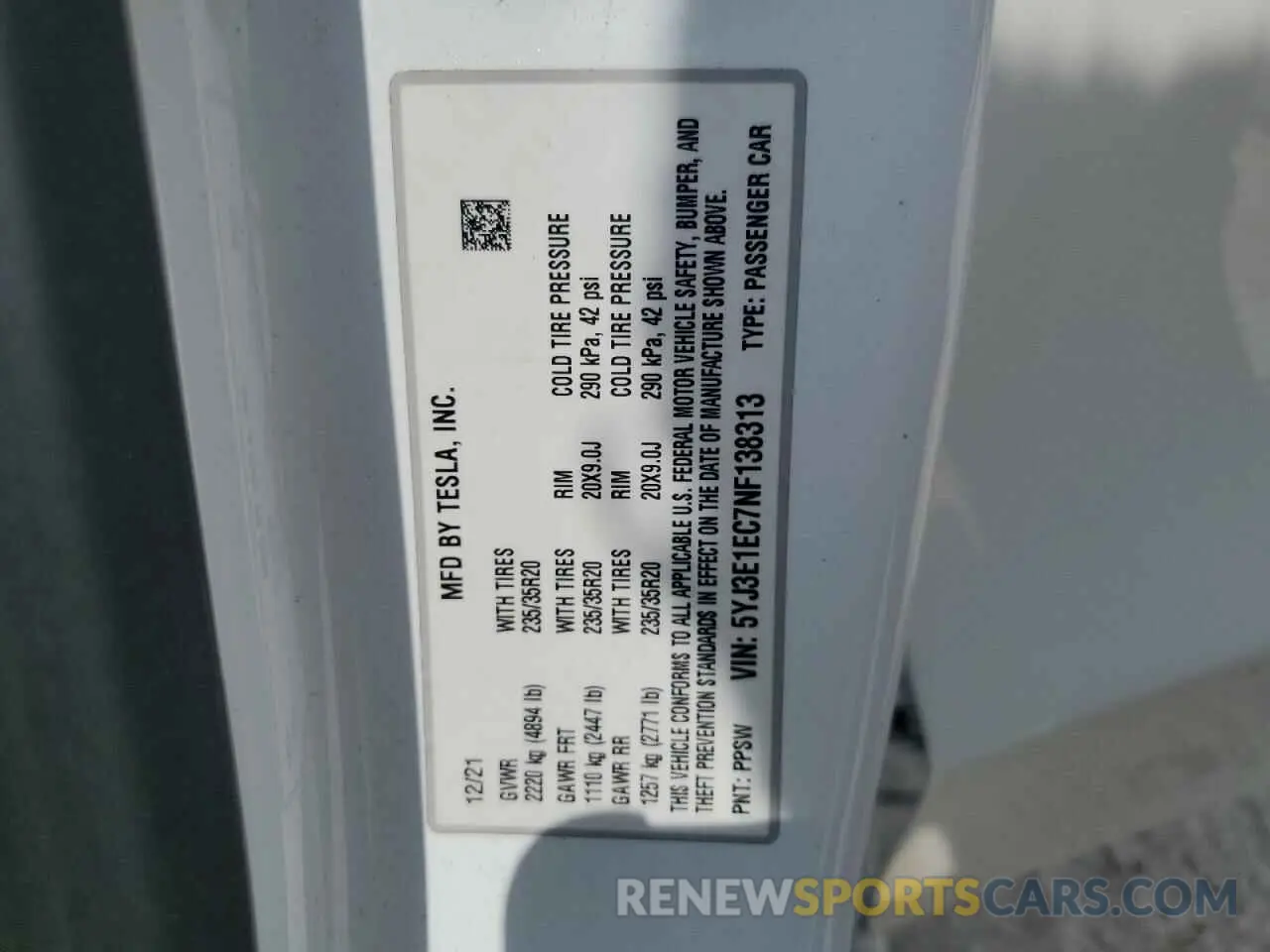 15 Photograph of a damaged car 5YJ3E1EC7NF138313 TESLA MODEL 3 2022