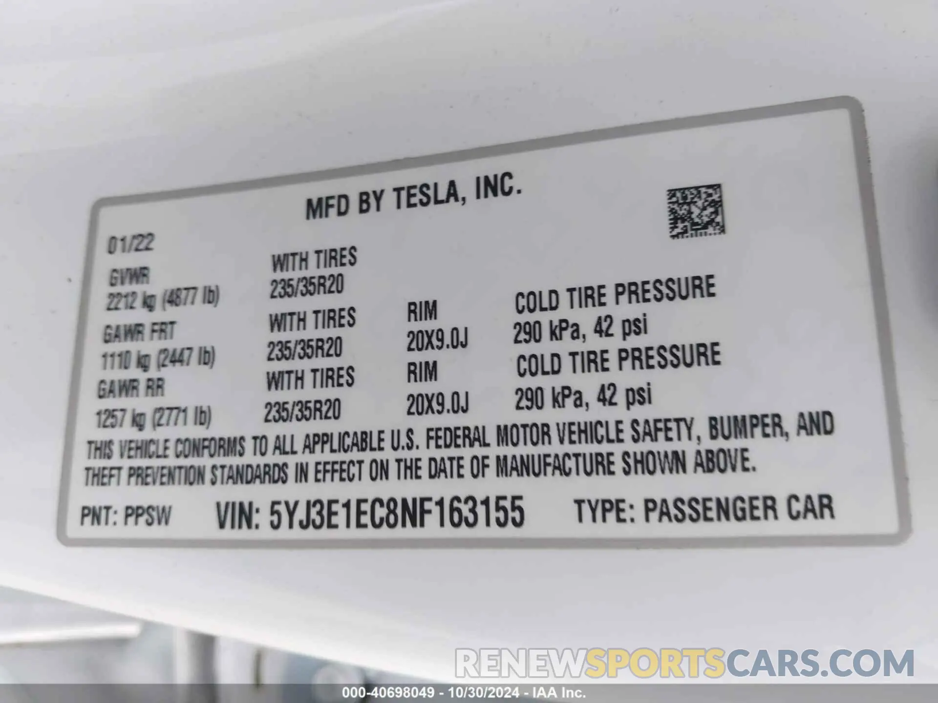 9 Photograph of a damaged car 5YJ3E1EC8NF163155 TESLA MODEL 3 2022