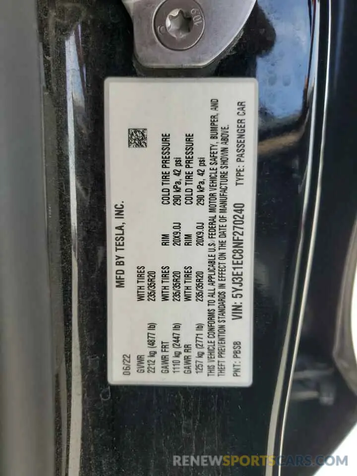 12 Photograph of a damaged car 5YJ3E1EC8NF270240 TESLA MODEL 3 2022