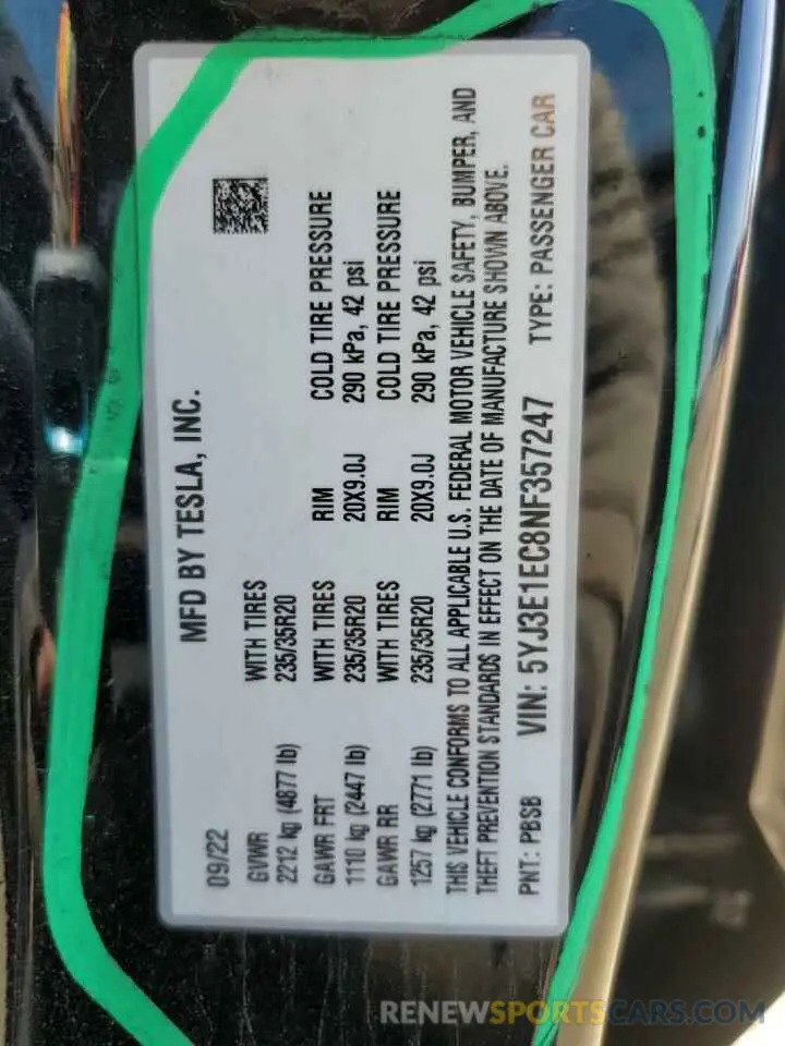 13 Photograph of a damaged car 5YJ3E1EC8NF357247 TESLA MODEL 3 2022