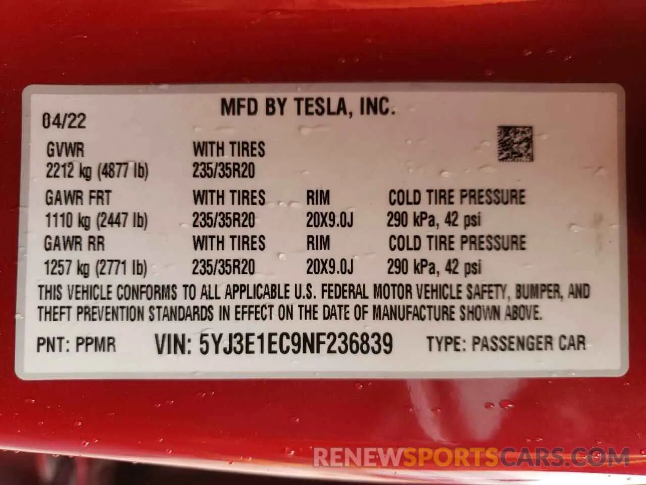 14 Photograph of a damaged car 5YJ3E1EC9NF236839 TESLA MODEL 3 2022
