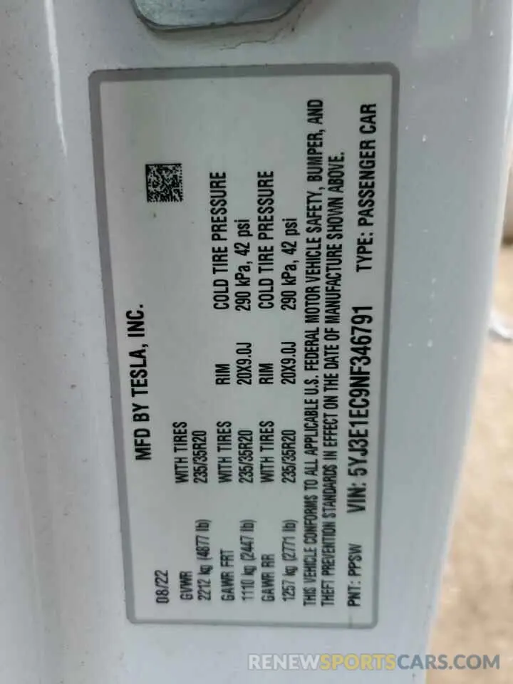 14 Photograph of a damaged car 5YJ3E1EC9NF346791 TESLA MODEL 3 2022