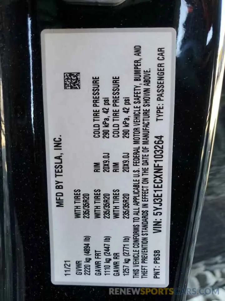 12 Photograph of a damaged car 5YJ3E1ECXNF103264 TESLA MODEL 3 2022