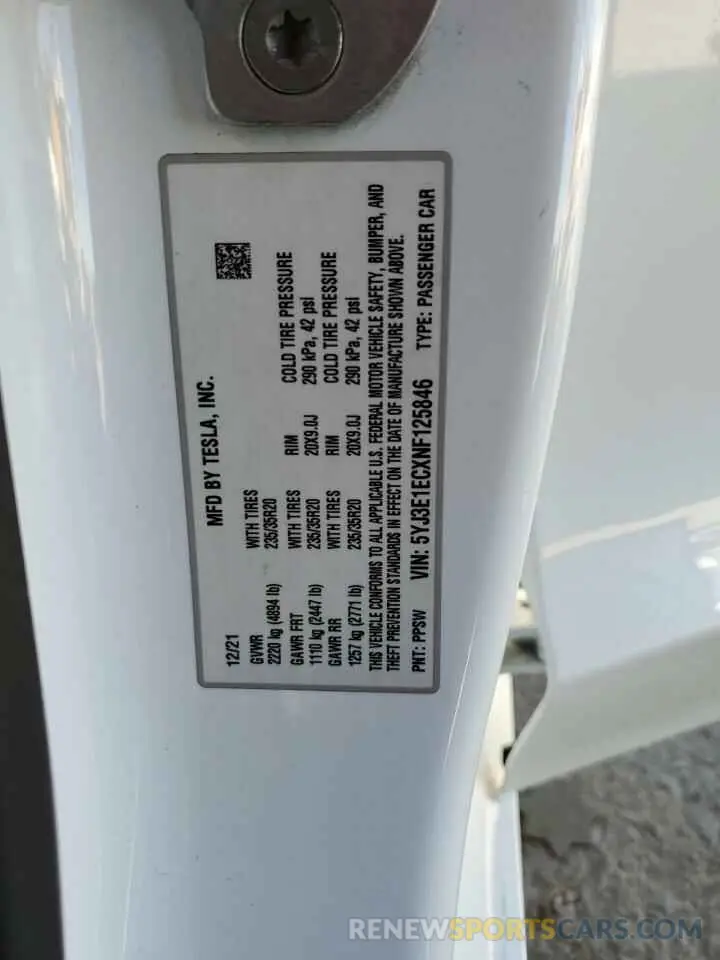12 Photograph of a damaged car 5YJ3E1ECXNF125846 TESLA MODEL 3 2022