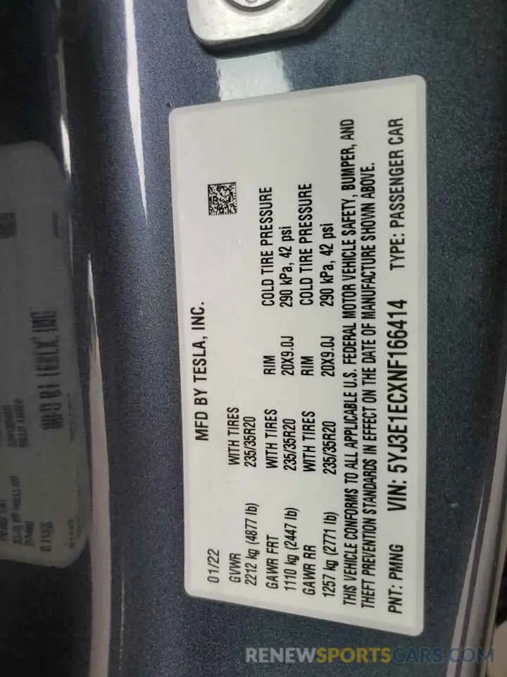 12 Photograph of a damaged car 5YJ3E1ECXNF166414 TESLA MODEL 3 2022