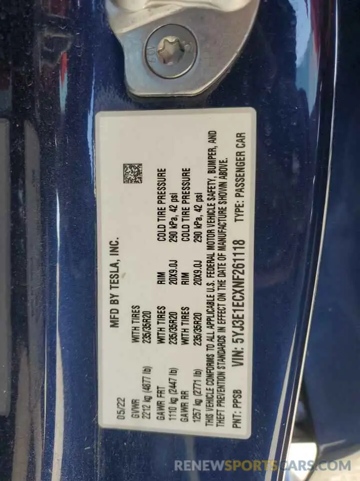 12 Photograph of a damaged car 5YJ3E1ECXNF261118 TESLA MODEL 3 2022