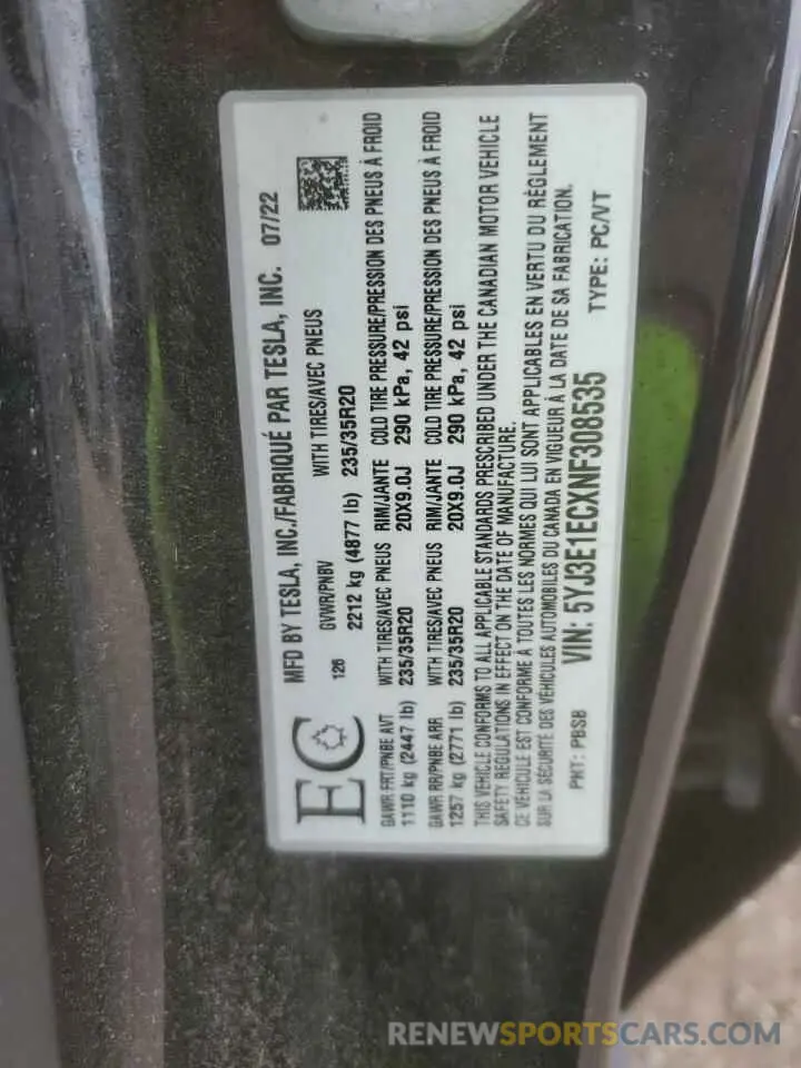 12 Photograph of a damaged car 5YJ3E1ECXNF308535 TESLA MODEL 3 2022