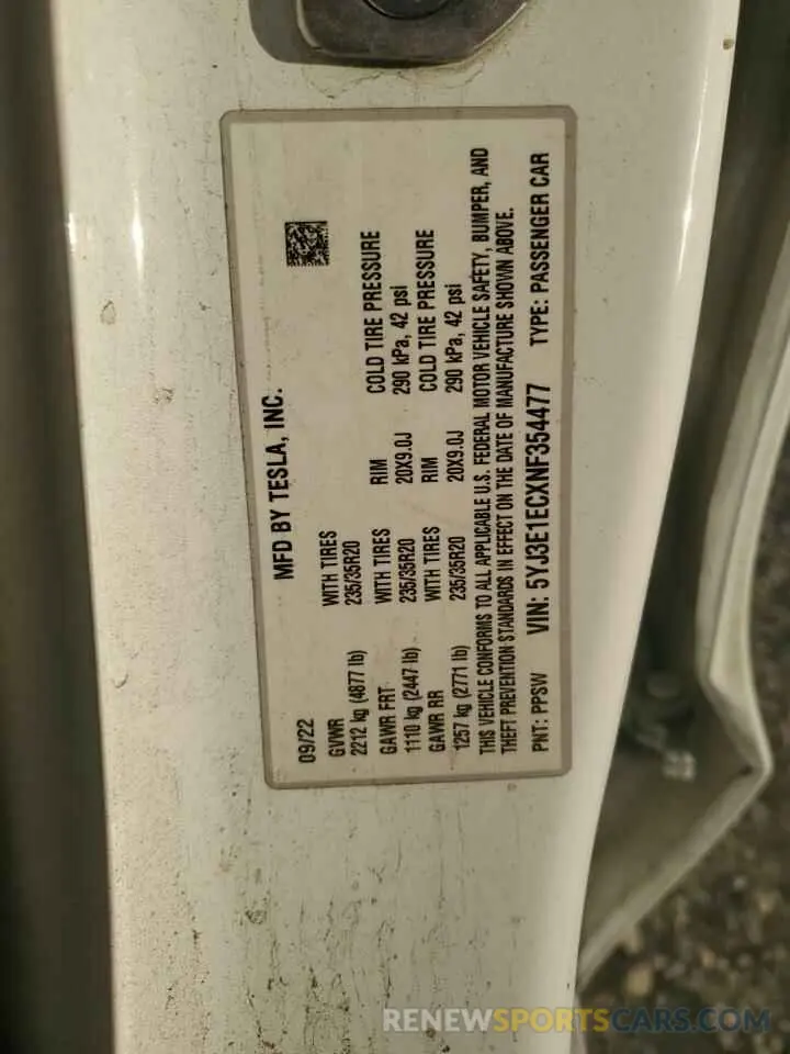 14 Photograph of a damaged car 5YJ3E1ECXNF354477 TESLA MODEL 3 2022