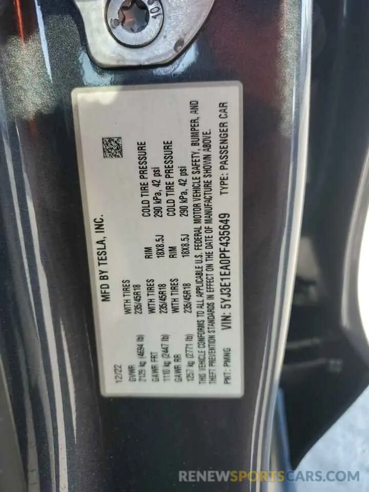 12 Photograph of a damaged car 5YJ3E1EA0PF435649 TESLA MODEL 3 2023