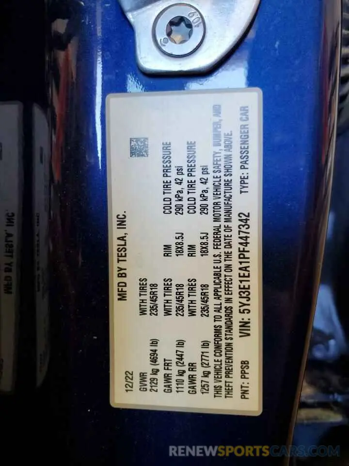 12 Photograph of a damaged car 5YJ3E1EA1PF447342 TESLA MODEL 3 2023
