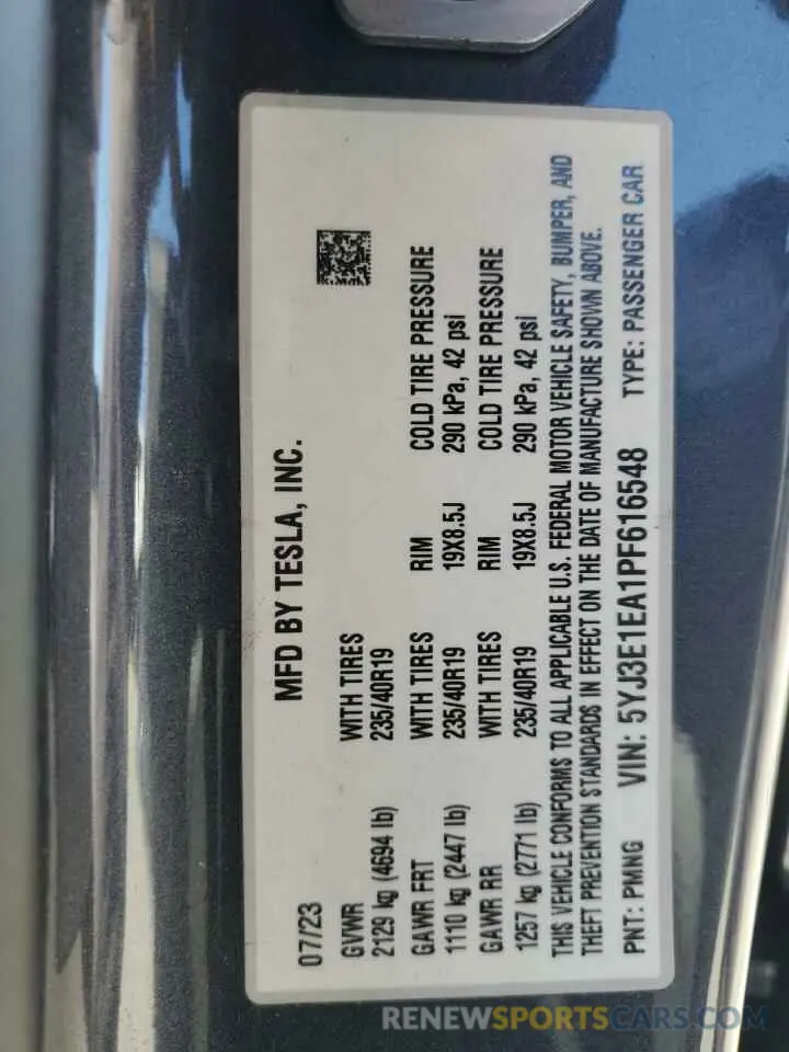15 Photograph of a damaged car 5YJ3E1EA1PF616548 TESLA MODEL 3 2023