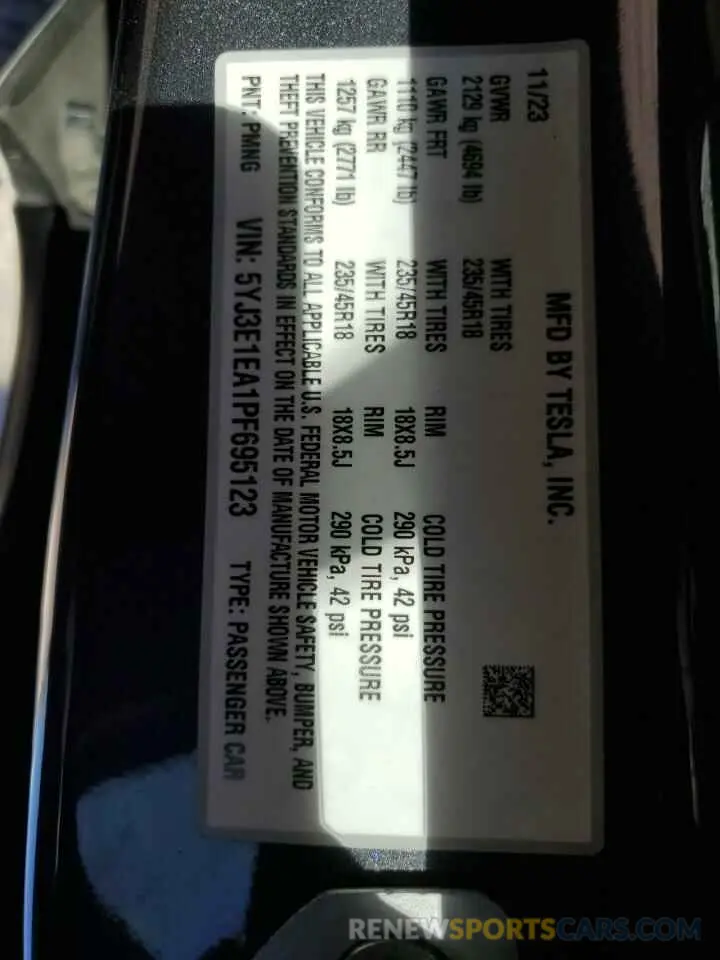 14 Photograph of a damaged car 5YJ3E1EA1PF695123 TESLA MODEL 3 2023