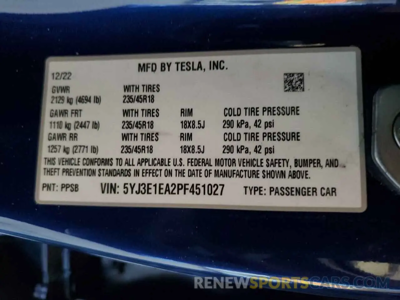 12 Photograph of a damaged car 5YJ3E1EA2PF451027 TESLA MODEL 3 2023