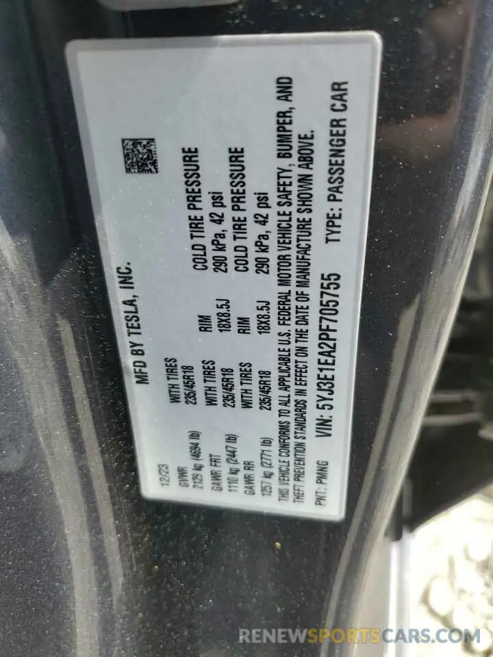 12 Photograph of a damaged car 5YJ3E1EA2PF705755 TESLA MODEL 3 2023