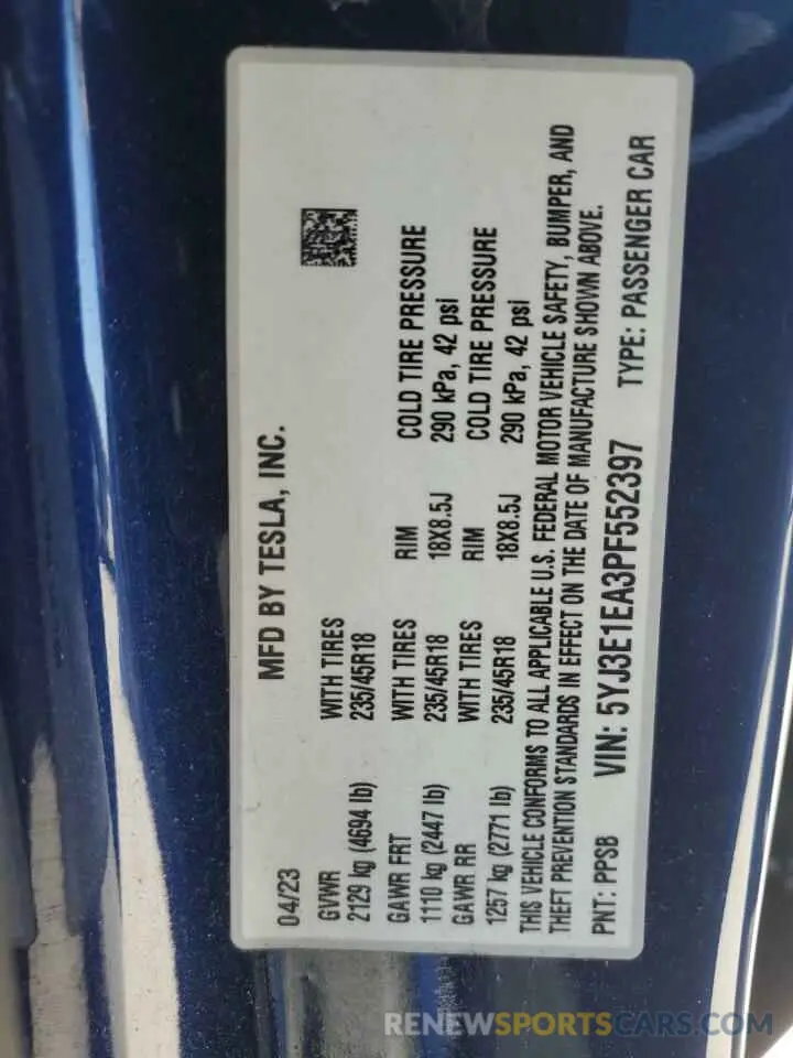 14 Photograph of a damaged car 5YJ3E1EA3PF552397 TESLA MODEL 3 2023