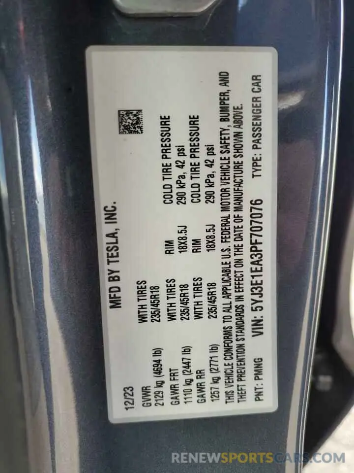 12 Photograph of a damaged car 5YJ3E1EA3PF707076 TESLA MODEL 3 2023