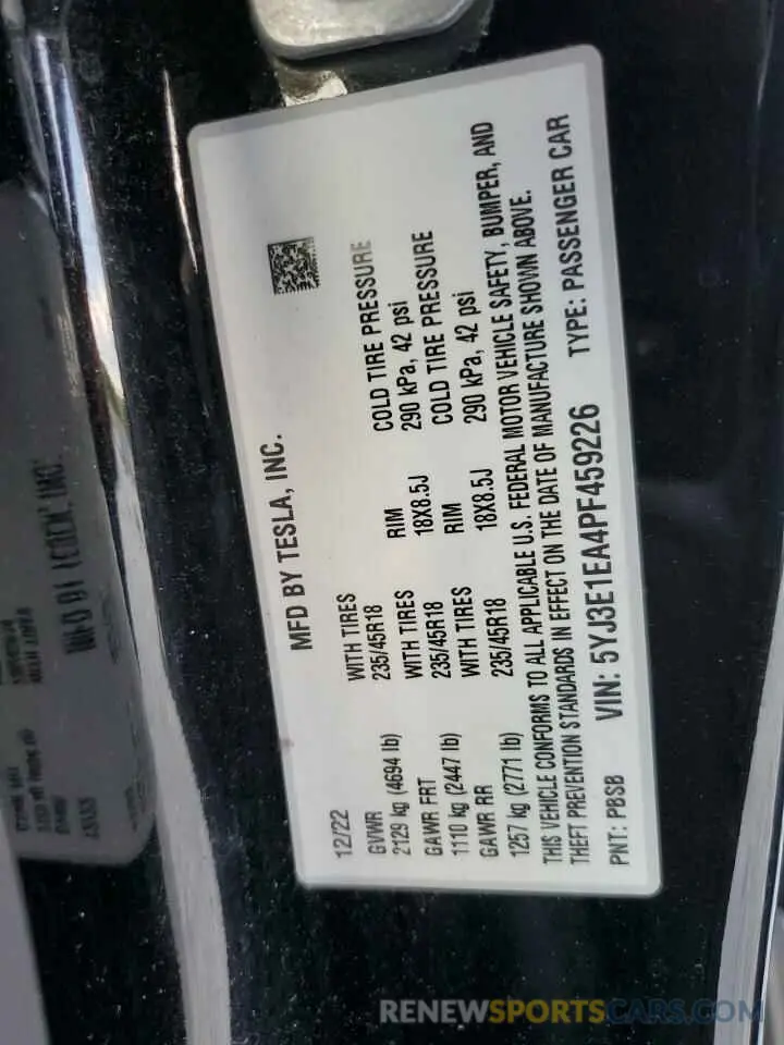12 Photograph of a damaged car 5YJ3E1EA4PF459226 TESLA MODEL 3 2023