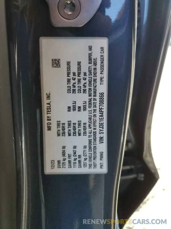 12 Photograph of a damaged car 5YJ3E1EA4PF708866 TESLA MODEL 3 2023