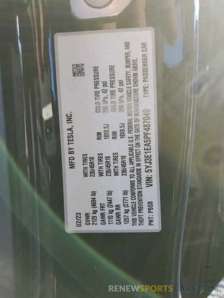 12 Photograph of a damaged car 5YJ3E1EA5PF487049 TESLA MODEL 3 2023