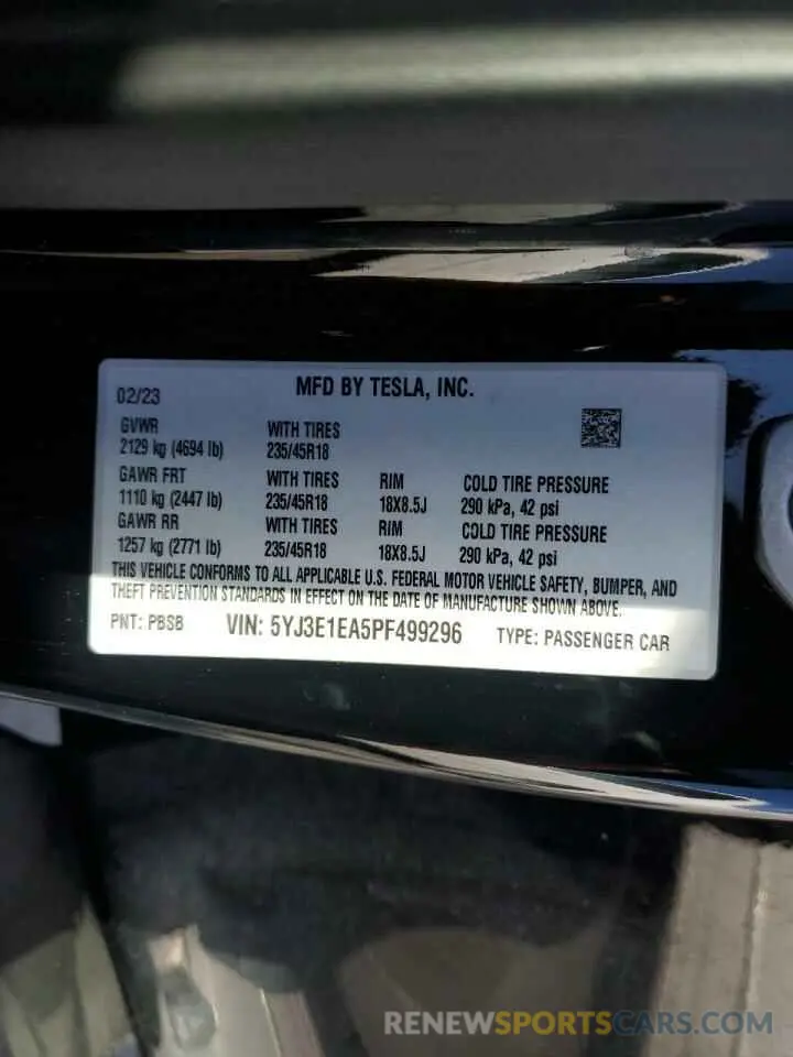 12 Photograph of a damaged car 5YJ3E1EA5PF499296 TESLA MODEL 3 2023