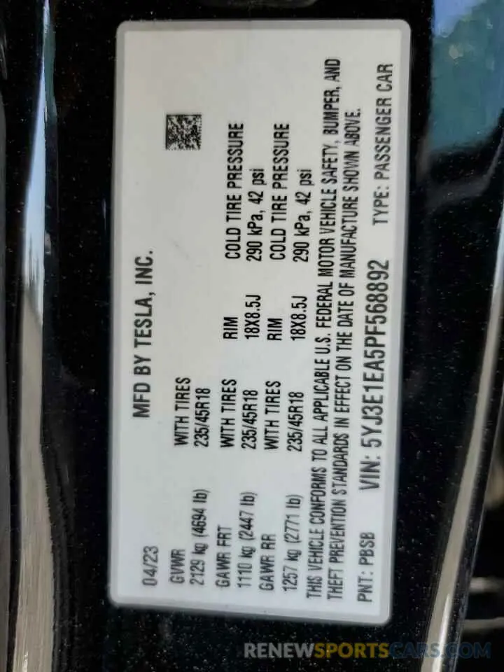 12 Photograph of a damaged car 5YJ3E1EA5PF568892 TESLA MODEL 3 2023