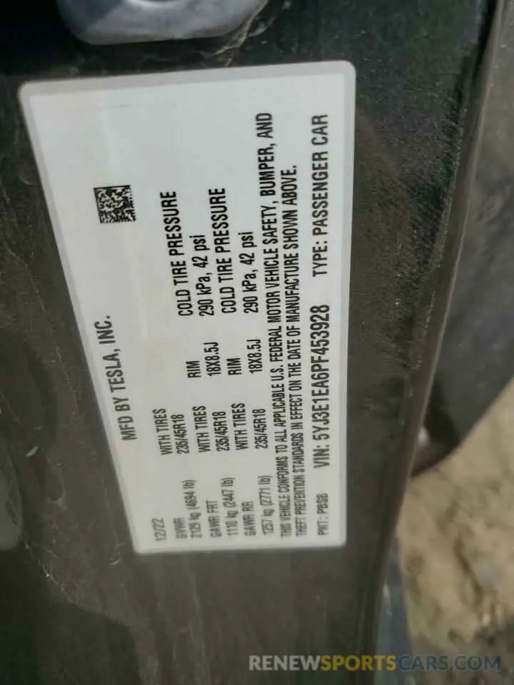 12 Photograph of a damaged car 5YJ3E1EA6PF453928 TESLA MODEL 3 2023