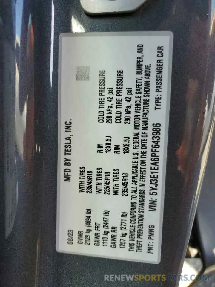 12 Photograph of a damaged car 5YJ3E1EA6PF643986 TESLA MODEL 3 2023