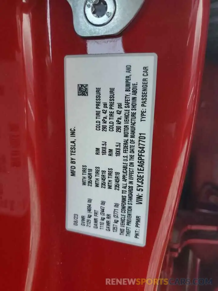 12 Photograph of a damaged car 5YJ3E1EA6PF647701 TESLA MODEL 3 2023