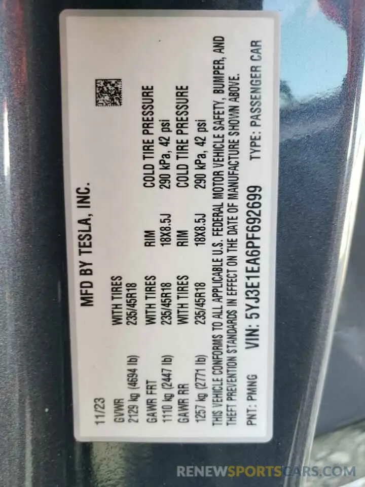 12 Photograph of a damaged car 5YJ3E1EA6PF692699 TESLA MODEL 3 2023