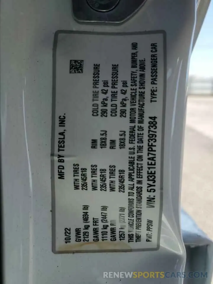 12 Photograph of a damaged car 5YJ3E1EA7PF397384 TESLA MODEL 3 2023