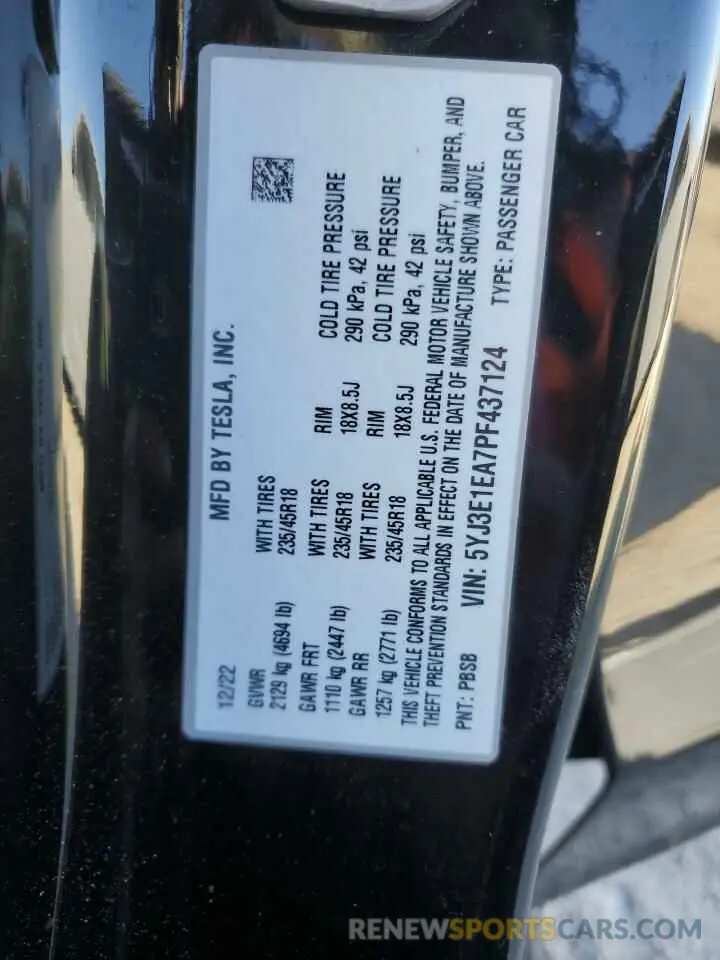 12 Photograph of a damaged car 5YJ3E1EA7PF437124 TESLA MODEL 3 2023