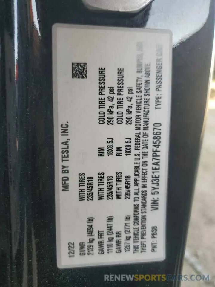 13 Photograph of a damaged car 5YJ3E1EA7PF458670 TESLA MODEL 3 2023