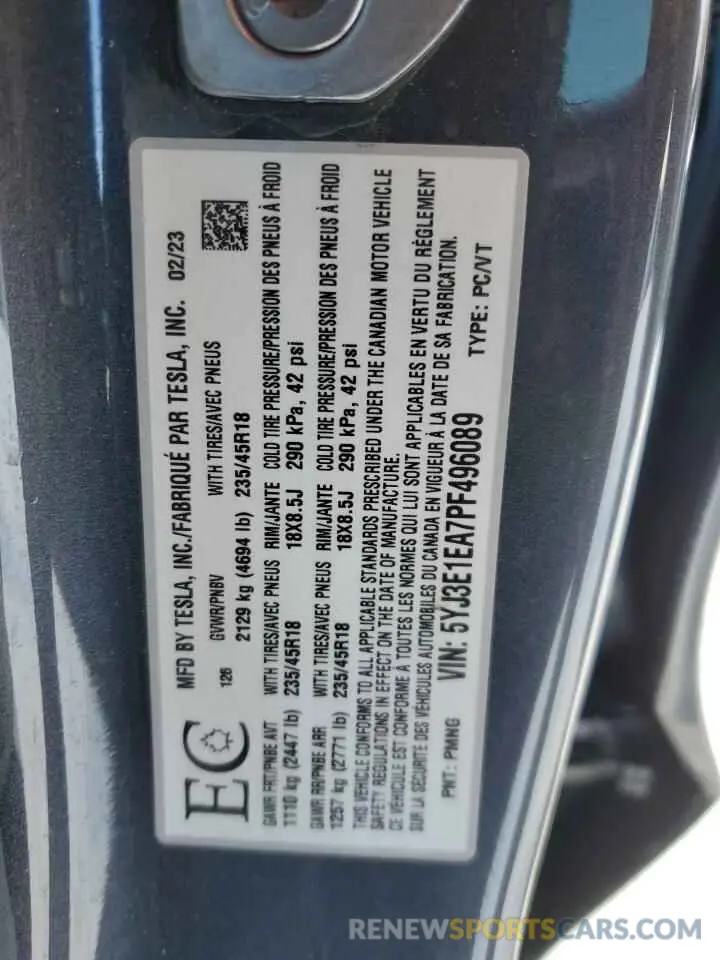 13 Photograph of a damaged car 5YJ3E1EA7PF496089 TESLA MODEL 3 2023