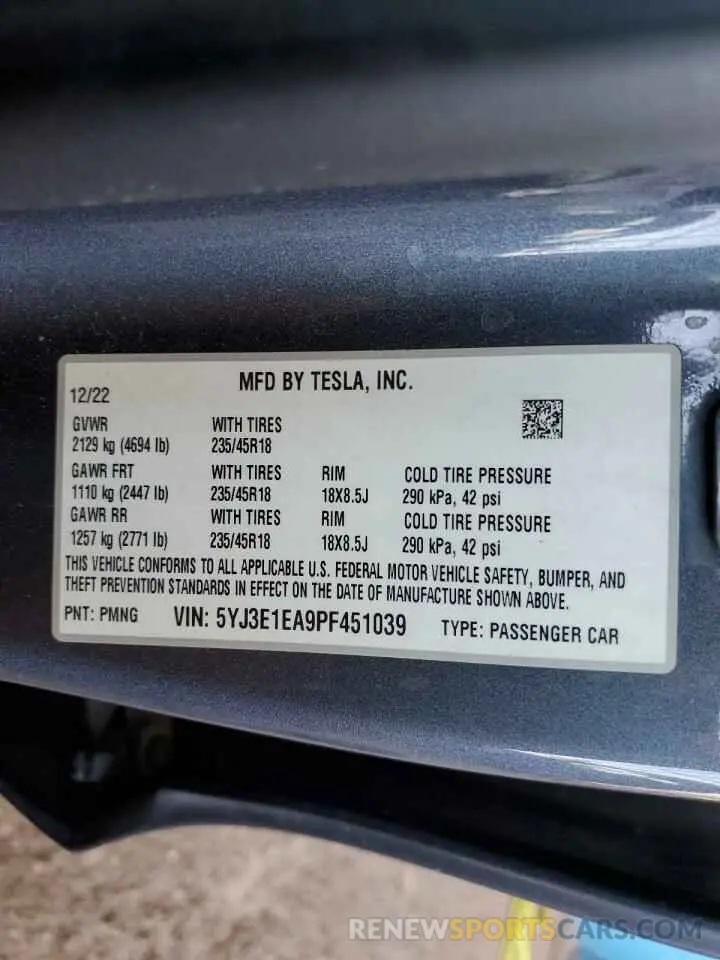 12 Photograph of a damaged car 5YJ3E1EA9PF451039 TESLA MODEL 3 2023