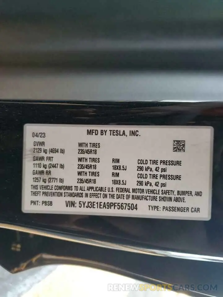 12 Photograph of a damaged car 5YJ3E1EA9PF567504 TESLA MODEL 3 2023