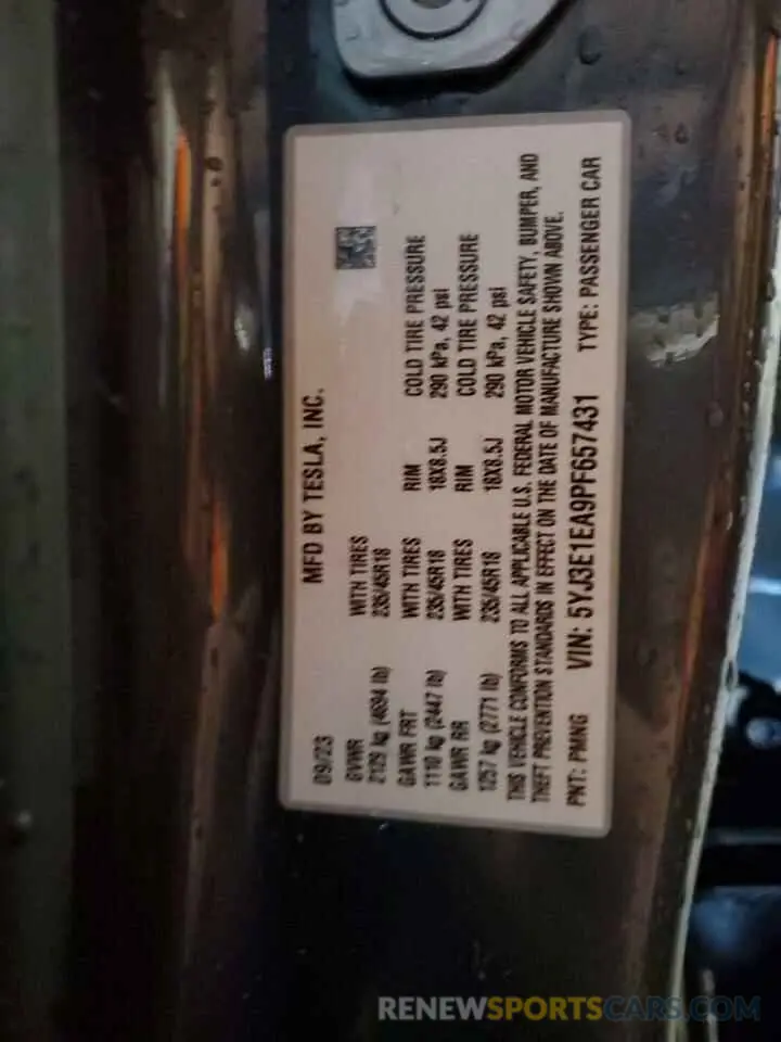 12 Photograph of a damaged car 5YJ3E1EA9PF657431 TESLA MODEL 3 2023