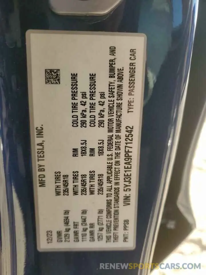 12 Photograph of a damaged car 5YJ3E1EA9PF712542 TESLA MODEL 3 2023