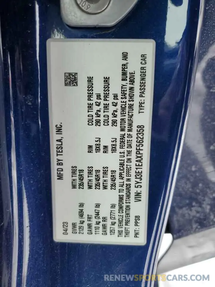 13 Photograph of a damaged car 5YJ3E1EAXPF562358 TESLA MODEL 3 2023