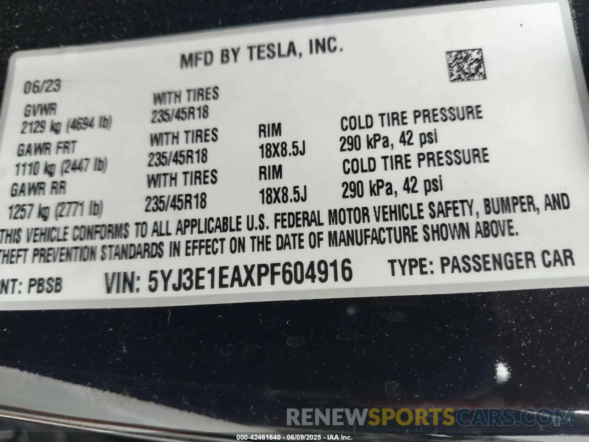9 Photograph of a damaged car 5YJ3E1EAXPF604916 TESLA MODEL 3 2023