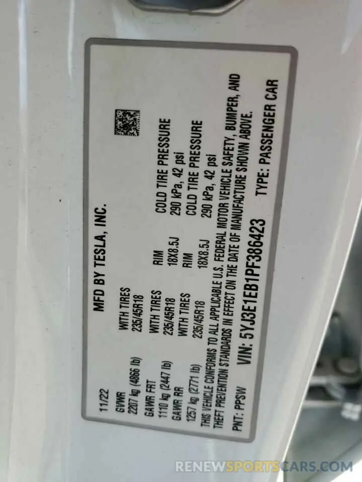 12 Photograph of a damaged car 5YJ3E1EB1PF386423 TESLA MODEL 3 2023