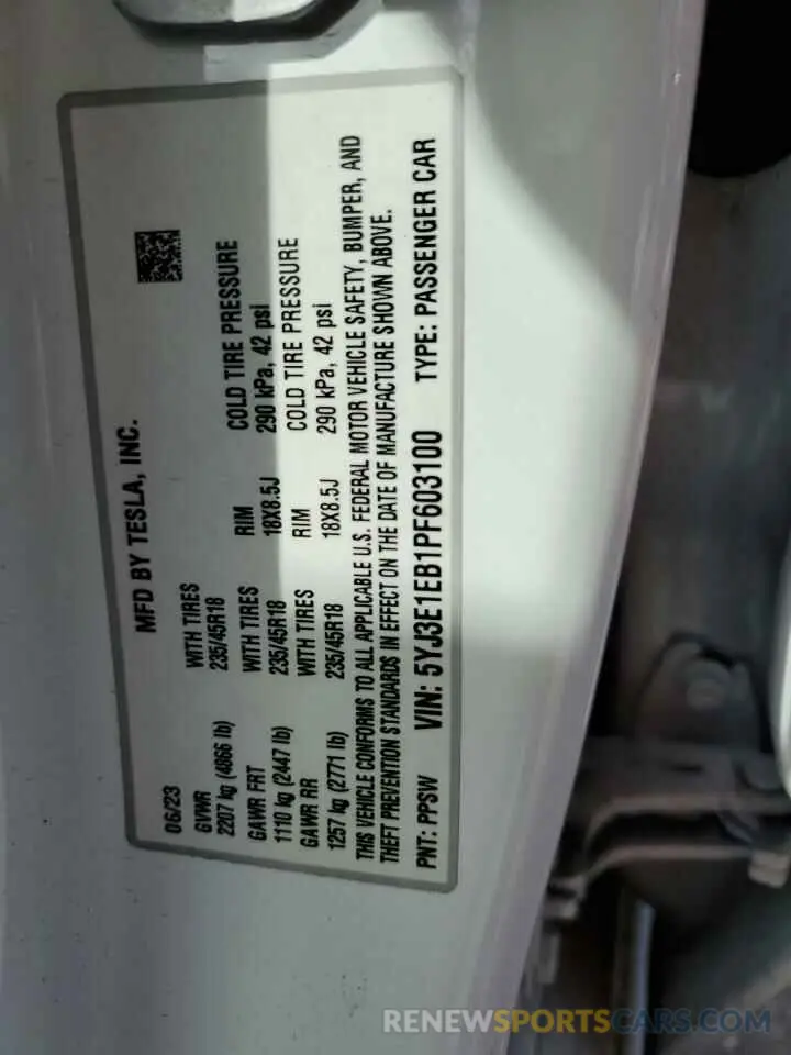 12 Photograph of a damaged car 5YJ3E1EB1PF603100 TESLA MODEL 3 2023