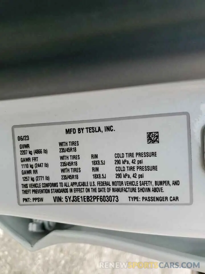 13 Photograph of a damaged car 5YJ3E1EB2PF603073 TESLA MODEL 3 2023