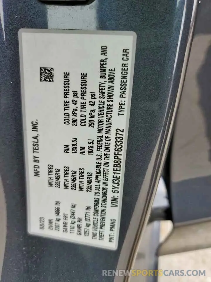 14 Photograph of a damaged car 5YJ3E1EB8PF633372 TESLA MODEL 3 2023